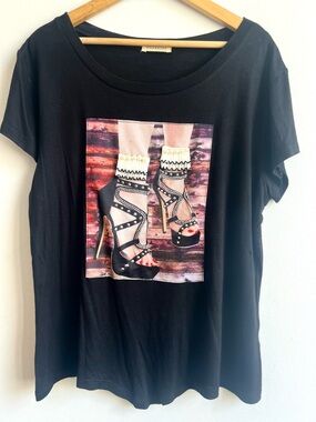 Occasion Black Tee with Studded Textured High-Heel Graphic Goth Y2K Feminine